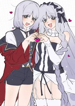 Rule 34 | 1boy, 1girl, bow, braid, coat, cowboy shot, daydream (shyou yu), detached sleeves, dress, fate/strange fake, fate (series), francesca prelati (fate), francois prelati (fate), garter straps, hair bow, hashtag-only commentary, heart, heart hands, heart hands duo, highres, long hair, polka dot, polka dot background, red coat, ringed eyes, short hair, short shorts, shorts, side braid, simple background, strapless, strapless dress, thighhighs, thighs, very long hair, white hair, white thighhighs