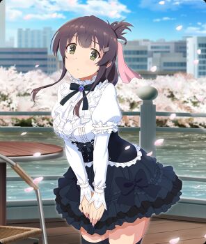 Rule 34 | 1girl, black bow, black bowtie, black corset, black skirt, black thighhighs, blue gemstone, blue sky, blush, bow, bow skirt, bowtie, breasts, brooch, building, cherry blossoms, cityscape, cloud, corset, cosplay, cowboy shot, day, dot nose, falling petals, frilled shirt, frilled skirt, frills, game cg, gem, gems company, green eyes, hair ornament, hair ribbon, hairclip, hase mikoto, hase mikoto (cosplay), jewelry, large breasts, long sleeves, looking at viewer, medium hair, official art, outdoors, parted lips, petals, pink petals, pink ribbon, purple hair, railing, ribbon, river, shirt, sidelocks, skirt, skirt tug, sky, solo, thighhighs, third-party source, toji no miko, toji no miko: kizamishi issen no tomoshibi, tree, white shirt, wooden deck, yanase mai, zettai ryouiki