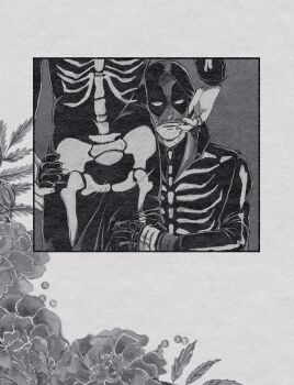 2boys absurdres alternate_costume azuko_(@zuco) collared_shirt couple deadpool deadpool_&amp;_wolverine deadpool_(series) dia_de_muertos flower formal_clothes gloves hand_on_another's_leg hand_on_another's_thigh highres hood hood_up james_bond_(series) jewelry lifting_another's_clothes long_sleeves male_focus marvel marvel mask mask_lift multiple_boys necktie parted_lips ring rose scar scars_all_over shirt skeleton_print standing suit too_many wolverine_(x-men) x-men yaoi