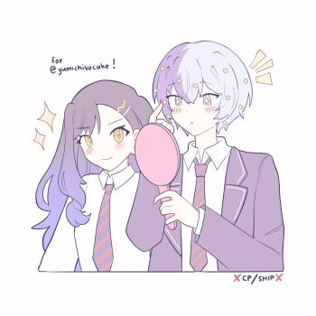 Rule 34 | + +, 1boy, 1girl, aoyagi touya, aryorl, black hair, blazer, blue hair, breasts, closed mouth, collared shirt, commentary, diagonal-striped clothes, diagonal-striped necktie, english commentary, gradient hair, hair ornament, hairpin, hands up, highres, holding, holding mirror, jacket, kamiyama high school uniform (project sekai), lapels, layered clothes, long hair, long sleeves, looking at mirror, mirror, multicolored hair, necktie, notched lapels, notice lines, open clothes, open jacket, orange eyes, project sekai, school uniform, shiraishi an, shirt, short hair, simple background, smile, sparkle, split-color hair, star (symbol), star hair ornament, striped clothes, two-tone hair, upper body, white background, white shirt