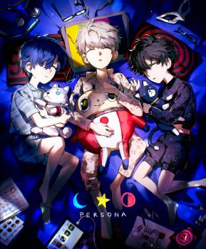 3boys aged_down amamiya_ren barefoot blue_background blue_hair calendar_(object) closed_eyes commentary copyright_name crescent dated digital_media_player digital_walkman domino_mask eye_mask foot_out_of_frame full_body glasses hair_over_one_eye head_on_pillow highres holding holding_stuffed_toy koromaru_(persona) kuma_(persona_4) lying male_focus mask morgana_(cat)_(persona_5) morgana_(persona_5) multiple_boys narukami_yu objectification on_back on_bed on_side pajamas parted_lips persona persona_3 persona_4 persona_5 pillow plaid_clothes plaid_pajamas rectangular_eyewear signature sleeping star_(symbol) stuffed_animal stuffed_toy unworn_eyewear walkman_nw-s203f white_mask yoteh yuuki_makoto_(persona_3)