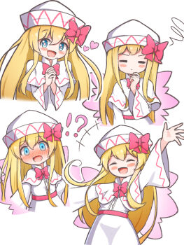!? 1girl :d :o =_= ^_^ arm_up blonde_hair blue_eyes blush bow bowtie capelet closed_eyes commentary cropped_legs cropped_torso dress fairy fairy_wings hat heart heart-shaped_pupils highres interlocked_fingers keepkeep0322 lily_white long_hair looking_at_viewer multiple_expressions multiple_views nose_blush open_mouth own_hands_together palms_together pink_bow pink_bowtie pink_wings simple_background smile squiggle straight_hair symbol-shaped_pupils touhou very_long_hair white_background white_capelet white_dress white_hat wings