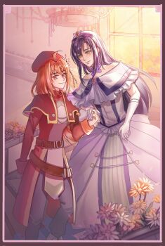 1boy 1girl ahoge antenna_hair beret capelet chandelier closed_mouth crossdressing crossdressing_(mtf) crown double-parted_bangs dress eiyuu_densetsu estelle_bright flower gloves hair_between_eyes hair_intakes hashtag-only_commentary hat highres holding_hands indoors joshua_bright light_rays looking_at_viewer military_uniform off-shoulder_dress off_shoulder parted_bangs red_eyes red_hat smile sora_no_kiseki sunbeam sunlight tangmen_igo white_flower white_gloves window yellow_eyes