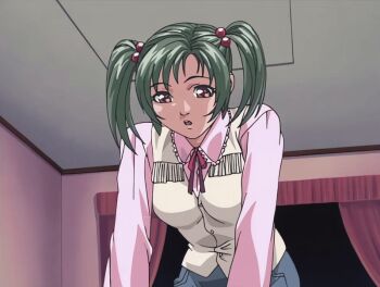 00s 1girl 2002 animated animated_gif bedroom bible_black bible_black_gaiden breasts cowboy cowboy_clothes cowboy_western curtains denim denim_shorts green_hair morita_rie necktie pink_shirt shirt shorts tagme twintails vest western