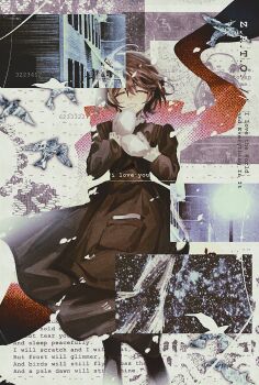 1girl ^_^ absurdres apron asya_shubina black_pantyhose brown_apron brown_dress brown_hair closed_eyes commentary copyright_name dress facing_viewer feet_out_of_frame grin hair_between_eyes hashtag-only_commentary highres lace-trimmed_sleeves lace_trim magicalchicken mittens pantyhose short_hair smile solo white_mittens wind z.a.t.o._//_i_love_the_world_and_everything_in_it