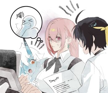 1boy 2girls ahoge anger_vein angry asaba_harumasa black_bow black_bowtie black_hair blue_horns blue_oni blue_skin bow bowtie chest_bow choker closed_mouth colored_skin commentary earrings english_commentary from_side glasses hair_between_eyes hair_between_horns hands_on_own_face headband hhhye_tw highres holding holding_paper horns hourglass_earrings jewelry long_hair looking_at_another monitor multicolored_horns multiple_girls notice_lines oni open_mouth paper pink_eyes pink_hair pointy_ears red_eyes shirt short_hair skin-covered_horns soukaku_(zenless_zone_zero) speech_bubble thought_bubble tsukishiro_yanagi two-tone_horns typing white_background white_hair white_shirt yellow_headband zenless_zone_zero