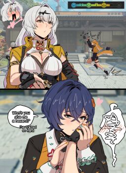 3girls absurdres animal_ears arrow_through_heart belle_(delicate_sunlight)_(zenless_zone_zero) belle_(zenless_zone_zero) blue_hair blush breasts cleavage fingerless_gloves gloves green_eyes hair_ornament hairclip heart highres ju_fufu kiss kissing_hand large_breasts letter_hair_ornament long_hair multiple_girls official_alternate_costume single_glove spoken_blush tail tiger_ears tiger_girl tiger_tail twitter_strip_game_parody very_long_hair white_hair yellow_eyes yixuan_(zenless_zone_zero) yuri zanqi zenless_zone_zero