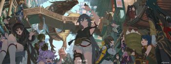 4boys 6+girls absurdres against_railing arm_tattoo bailu_(honkai:_star_rail) bandaged_arm bandaged_hand bandages belt black_coat black_hair black_hat black_shirt blade_(honkai:_star_rail) blonde_hair blue_eyes blue_hair blue_shirt blue_skirt bow bracelet braid breasts brown_belt brown_coat brown_hair chinese_clothes closed_eyes clothing_cutout cloud_retainer_(genshin_impact) coat company_connection crossed_legs dark_jixuanyuan dragon_girl dragon_horns eastern_dragon_horns flower-shaped_pupils food from_below fu_hua fu_hua_(night_squire) fu_hua_(rustic_noir) genshin_impact green_hair grey_hair hair_bow hair_ornament hand_up hat herrscher_of_sentience highres holding holding_food honkai:_star_rail honkai_(series) honkai_impact_3rd horns hu_tao_(genshin_impact) in-franchise_crossover jewelry jiangshi jing_yuan jingwei_(bird) jixuanyuan large_breasts lier_(honkai_impact) long_hair looking_at_viewer low-braided_long_hair low-tied_long_hair medium_breasts mihoyo multiple_boys multiple_girls ningguang_(genshin_impact) pants ponytail purple_eyes purple_hair purple_hat purple_horns purple_pants qiqi_(genshin_impact) railing red_eyes shirt shorts shoulder_cutout sitting skavenprime skirt standing_on_sword sushang_(honkai:_star_rail) symbol-shaped_pupils tattoo very_long_hair waving white_hair white_pants white_shirt white_shorts white_skirt xiangling_(genshin_impact) xianyun_(genshin_impact) xiao_(genshin_impact) yanqing_(honkai:_star_rail) yellow_bow yellow_eyes yellow_pupils yellow_sleeves yun_jin_(genshin_impact) zhongli_(genshin_impact)