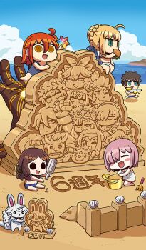 1boy 4girls :d ahoge anastasia_(fate) artoria_pendragon_(fate) artoria_pendragon_(swimsuit_archer)_(fate) beach bikini black_bow blue_bikini blue_eyes blue_male_swimwear blue_one-piece_swimsuit blue_ribbon blue_sky blush_stickers bottle bow braid building_sand_sculpture bun_with_braided_base burger castor_(fate) chibi chibi_only chinese_commentary chinese_text closed_eyes cloud commentary_request cork creature day dress eating europa_(fate) expressionless fate/grand_order fate_(series) food fou_(fate) fujimaru_ritsuka_(female) fujimaru_ritsuka_(male) ganesha_(fate) green_eyes hair_between_eyes hair_bow hair_over_one_eye hair_ribbon holding holding_bottle holding_burger holding_food holding_water_gun jinako_carigiri karna_(fate) kneeling koyanskaya_(fate) leonardo_da_vinci_(fate) leonardo_da_vinci_(fate/grand_order) leonardo_da_vinci_(rider)_(fate) leonardo_da_vinci_(swimsuit_ruler)_(fate) li_shuwen_(fate) li_shuwen_(old)_(fate) long_hair low_ponytail male_swimwear mash_kyrielight mash_kyrielight_(swimsuit_of_perpetual_summer) medium_hair message_in_a_bottle multiple_girls napoleon_bonaparte_(fate) navel ocean official_art one-piece_swimsuit one_eye_covered one_side_up open_mouth orange_eyes orange_hair outdoors parted_bangs pollux_(fate) ponytail ribbon riyo_(lyomsnpmp) rolled_up_paper running sand sand_castle sand_sculpture seashell shell shirou_(bear)_(fate) short_hair side-tie_bikini_bottom sidelocks sitonai_(fate) sitting sky smile swimsuit third-party_source water water_gun white_bikini white_dress xiang_yu_(fate)