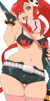 1girl anti-materiel_rifle aonori_misuji belt between_breasts bikini bikini_top_only bracelet breasts commentary_request cowboy_shot flame_print gun hair_ornament high_ponytail jewelry looking_at_viewer navel no_shirt pink_thighhighs ponytail red_hair rifle scarf short_shorts shorts skull_hair_ornament sniper_rifle solo strap_between_breasts striped_clothes striped_scarf studded_belt studded_bracelet swimsuit tengen_toppa_gurren_lagann thick_thighs thighhighs thighs weapon yellow_eyes yoko_littner