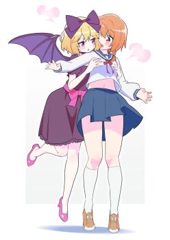 2girls aly_(eshikidori) bat_wings blonde_hair blue_skirt blush_stickers breasts brown_eyes dress elly_(tonari_no_kyuuketsuki-san) flat_chest flying full_body grabbing_another&#039;s_breast grabbing_from_behind groping hair_ribbon high_heels highres kneehighs large_ribbon looking_at_another midriff multiple_girls natsuki_hinata navel open_mouth orange_hair pink_ribbon pink_shoes purple_dress purple_eyes purple_ribbon ribbon school_uniform serafuku shadow shirt shoes short_hair simple_background skirt small_breasts sneakers socks stiletto_heels tonari_no_kyuuketsuki-san vampire waist_ribbon white_background white_shirt white_socks wings yuri