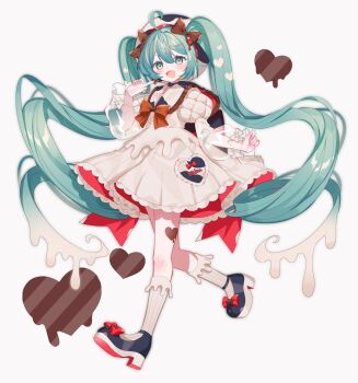 Rule 34 | 1girl, ahoge, aqua eyes, aqua hair, beret, blush, bow, brown bow, commentary request, dress, fuinagi (huyuu mm), full body, grey background, hair between eyes, hair bow, hat, hatsune miku, highres, long hair, long sleeves, looking at viewer, open mouth, see-through clothes, see-through sleeves, simple background, smile, socks, solo, striped clothes, striped socks, twintails, valentine, very long hair, vocaloid, white dress, white hat