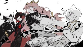 4boys animal_ears argyle_clothes argyle_shirt armor black_armor black_coat black_hair black_headwear black_horns black_scarf black_shirt cape chain closed_mouth coat coat_lift cocopalm collared_shirt crossed_arms fingernails frown full_armor fur_scarf galacta_knight galactic_nova glasses gold_chain grey_shirt hair_over_shoulder half-closed_eye helm helmet high_collar highres holding holding_jewelry holding_necklace holding_sword holding_weapon horns humanization jewelry kirby_(series) layered_sleeves lineup long_hair long_sleeves looking_ahead magolor male_focus messy_hair morpho_knight multicolored_hair multicolored_horns multiple_boys necklace nintendo open_clothes open_coat open_mouth outstretched_arm pink_eyes pink_hair pointy_ears purple_eyes red_cape red_eyes round_eyewear scarf shaded_face shirt short_over_long_sleeves short_sleeves smile smirk striped_horns sword third_eye_on_chest two-tone_hair two-tone_horns upper_body very_long_hair weapon white_background white_coat white_hair white_horns wide_sleeves yellow_eyes yellow_horns