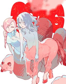 Rule 34 | 1boy, 1girl, braid, braided ponytail, braided ponytail lamia (dungeon meshi), centaur, commentary request, dungeon meshi, elf, forehead jewel, full body, gapamopa, goat (dungeon meshi), grey eyes, grey hair, korean commentary, lamia, long hair, mithrun (young), monster boy, monster girl, monsterification, nude, open mouth, pink eyes, pink hair, pointy ears, shirt, single braid, smile, taur, tunic, wavy hair