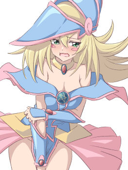 Rule 34 | 1girl, :s, arm warmers, averting eyes, baasaku (balasaku24), belt, blonde hair, blue arm warmers, blue helmet, blue leotard, blush, blush stickers, brooch, capelet, commentary, covering privates, crossed bangs, dark magician girl, duel monster, embarrassed, floating hair, gold belt, gold necklace, green eyes, hair between eyes, hand on own elbow, helmet, highres, jewelry, leotard, long hair, necklace, nose blush, open mouth, pelvic curtain, pentagram, pink capelet, pink skirt, pink trim, raised inner eyebrows, simple background, skirt, solo, upper body, white background, yu-gi-oh!