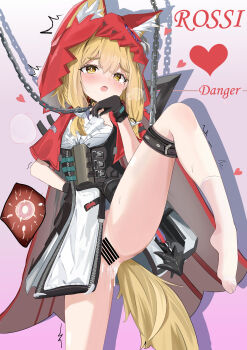 1girl :o absurdres animal_ears arknights arknights:_endfield bar_censor bdsm black_collar black_corset blonde_hair bondage bondage_cuffs bound breath cape censored chain character_name collar commentary_request corset cowboy_shot cum cum_overflow dress ears_through_hood english_text female_focus fertilization goldia gradient_background hand_on_own_hip heart highres hood hooded_cape impregnation leash leg_up loli looking_at_viewer low-tied_sidelocks no_shoes open_mouth ovum pink_background pussy rossi_(arknights) shadow short_dress sidelocks simple_background slave socks solo sperm_cell standing standing_on_one_leg sweat tail thigh_strap white_background white_dress white_socks wolf_ears wolf_girl wolf_tail yellow_eyes
