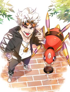 Rule 34 | 1boy, absurdres, ariados, asymmetrical eyewear, black jacket, black pants, bowl, bug, collarbone, eyewear on head, fangs, gen 2 pokemon, guzma (pokemon), highres, hood, hooded jacket, horns, jacket, jewelry, looking at viewer, male focus, mario (2669431), multicolored hair, necklace, nintendo, open mouth, pants, pet bowl, pet food, pokemon, pokemon (creature), pokemon sm, purple eyes, shirt, shoes, short hair, short sleeves, single horn, smile, spider, sunglasses, teeth, tongue, tongue out, two-tone hair, w, white hair, white shirt, white shoes, yellow-framed eyewear