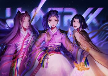 Rule 34 | 3girls, armor, black eyeliner, black hair, braid, braided ponytail, commentary, cowboy shot, double bun, earrings, english commentary, eyeliner, group name, hair bun, hanbok, highres, holding, holding sword, holding weapon, jewelry, kinartts, korean clothes, kpop demon hunters, long hair, looking at viewer, makeup, mira (kpop demon hunters), multiple girls, one eye closed, pink hair, polearm, purple hair, rumi (kpop demon hunters), short bangs, shoulder armor, sidelocks, sword, twintails, weapon, zoey (kpop demon hunters)