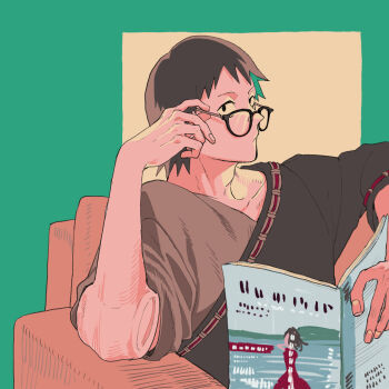 1boy a_nzi_end adam's_apple bespectacled black_hair black_shirt boku_no_hero_academia border chair closed_mouth commentary_request glasses green_border highres looking_at_viewer male_focus open_magazine reading sero_hanta shirt short_hair sitting solo upper_body