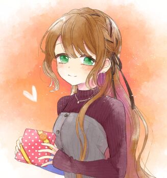 Rule 34 | 1girl, alternate costume, alternate hairstyle, black ribbon, blush, box, braid, brown hair, buttons, casual, chogi, closed mouth, commentary request, crown braid, earrings, eyebrows hidden by hair, gift, gift box, green eyes, hair between eyes, hair over shoulder, hair ribbon, heart, highres, holding, holding gift, jewelry, kanbe kotori, long hair, looking at viewer, necklace, orange background, red sweater, rewrite, ribbed sweater, ribbon, ribbon braid, sidelocks, simple background, sleeves past wrists, smile, solo, split mouth, stud earrings, sweater, upper body, valentine, very long hair, wavy hair
