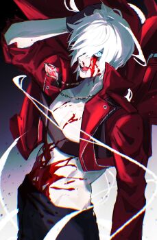 1boy aonano_db arm_up black_pants blood blood_on_body blood_on_face blood_splatter blue_eyes chest_strap coat commentary dante_(devil_may_cry) devil_may_cry devil_may_cry_(series) devil_may_cry_3 english_commentary gem hand_on_own_head highres jewelry long_sleeves male_focus necklace pants parted_bangs popped_collar red_coat red_gemstone solo toned toned_male tongue tongue_out white_hair
