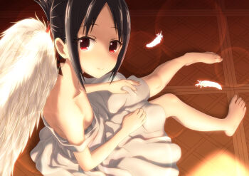 Rule 34 | 1girl, angel wings, bare legs, barefoot, black hair, blush, breasts, commentary request, feathered wings, feathers, feet, female focus, folded ponytail, hair ribbon, highres, kaguya-sama wa kokurasetai ~tensai-tachi no renai zunousen~, lens flare, long hair, looking at viewer, ogyadya, parted bangs, red eyes, red ribbon, ribbon, shinomiya kaguya, sideboob, sidelocks, small breasts, smile, solo, strap slip, toes, white wings, wings