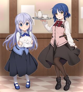2girls :o absurdres belt_boots black_shoes black_thighhighs blue_eyes blue_shoes blush bocchi_the_rock! boots bow bowtie child coffee_mug commission cosplay costume_switch crossover cup gochuumon_wa_usagi_desu_ka? highres holding holding_tray kafuu_chino kessoku_band long_hair milliani mug multiple_girls open_mouth pixiv_commission rabbit_house_uniform shoes short_hair skirt socks teapot thighhighs tippy_(gochiusa) tray vest white_socks yamada_ryo yellow_eyes