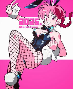 1girl 2025 animal_ears bare_shoulders black_bodysuit black_leotard black_shoes bodysuit border braid breasts cleavage clenched_hand detached_collar fishnet_pantyhose fishnets floating foot_out_of_frame genderswap genderswap_(mtf) hair_between_eyes high_heels leotard long_hair medium_breasts pantyhose parted_lips pink_border pink_eyes pink_hair playboy_bunny pom_pom_footwear rabbit_ears rabbit_tail ranma-chan ranma_1/2 sasaki_tomomi shoes sidelocks single_braid smile solo strapless strapless_leotard tail teeth twitter_username v white_background white_wrist_cuffs wrist_cuffs