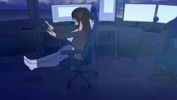 1boy 1girl 3d absurdres amplected animated anus arms_behind_head ass assertive_female audible_speech barefoot bikini black_hair blue_eyes bouncing_breasts breasts chair computer_keyboard cross-section cum cum_in_mouth cum_in_pussy denim ejaculation english_audio fellatio finger_in_another&#039;s_mouth glasses hair_ribbon handjob happy_sex hetero highres in_heat indoors internal_cumshot jeans large_breasts long_hair lying monitor night nipples nude office_chair on_back on_bed on_chair on_side oral pants penis pussy ribbon seductive_smile sex shirt side-tie_bikini_bottom sidelocks sitting smile socks sound spread_legs striped_bikini striped_clothes swimsuit swivel_chair tongue uncensored undressing vaginal video white_shirt white_socks