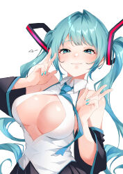 Rule 34 | 1girl, absurdres, anzu (x anzu ill), bare shoulders, black skirt, blue eyes, blue hair, blue nails, blue necktie, blush, breasts, cleavage, cleavage cutout, clothing cutout, collared shirt, double w, hatsune miku, highres, large breasts, long hair, necktie, pleated skirt, shirt, simple background, skirt, sleeveless, sleeveless shirt, solo, twintails, upper body, vocaloid, w, white background, white shirt