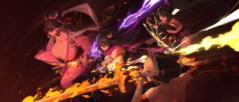 4girls animal_ears areola_slip armor attack bandaged_arm bandages bare_back beads beeeeen black_hair black_kimono black_leotard breasts brown_hair bursting_breasts cleavage cleavage_cutout closed_mouth clothing_cutout collarbone detached_sleeves dual_wielding earrings electricity eye_trail facepaint fire fishnet_gloves fishnet_thighhighs fishnets flaming_sword flaming_weapon floral_print floral_print_kimono flower forehead_protector fox_mask fundoshi fur-trimmed_armor fur_trim game_cg gigantic_breasts gloves gold_trim hagoromo hair_between_eyes hair_flower hair_ornament highleg highleg_leotard highres holding holding_kunai holding_sheath holding_sword holding_weapon japanese_armor japanese_clothes jewelry kanzashi katana kimono kote kunai kunoichi_enrai kunoichi_kaen kunoichi_shiden kunoichi_zero kurokote last_origin leotard light_trail long_hair lower_teeth_only mask mature_female median_furrow mole mole_on_thigh multicolored_hair multiple_girls ninja ninjatou non-web_source obi official_art parted_bangs parted_lips pink_flower pink_kimono ponytail prayer_beads print_kimono purple_flower purple_fur purple_hair purple_scarf red_eyes running sash scarf serious shawl sheath short_hair short_sword single_thighhigh suneate sword tabi tail teeth thighhighs tiger_ears tiger_girl tiger_tail torn_clothes torn_scarf two-tone_hair two_side_up unsheathing v-shaped_eyebrows weapon wide_sleeves yellow_flower