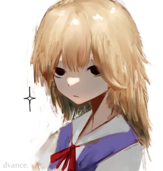 1girl :/ alternate_eye_color alternate_hair_ornament alternate_hairstyle black_eyes blank_stare blue_skirt bow bowtie closed_mouth collared_shirt cropped_torso depressed empty_eyes english_text expressionless frown gba_dvance hair_between_eyes hair_over_eyes highres light_frown long_hair looking_at_viewer looking_to_the_side neck_ribbon neon_genesis_evangelion no_hair_ornament no_pupils orange_hair red_bow red_bowtie red_ribbon ribbon school_uniform shade shaded_face shirt short_sleeves simple_background skirt solo souryuu_asuka_langley sparkle suspender_skirt suspenders tokyo-3_middle_school_uniform twitter_username white_background white_shirt