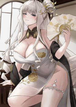 1girl :3 absurdres blue_eyes breasts china_dress chinese_clothes cleavage crown_(glorious_flower)_(nikke) crown_(nikke) dress folding_fan goddess_of_victory:_nikke hair_intakes hair_ornament hair_stick hand_fan highres holding holding_fan large_breasts official_alternate_costume official_alternate_hairstyle small_chair_(xiaosaiyi33818) solo white_dress