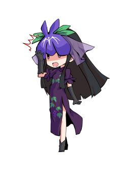 Rule 34 | 1girl, black gloves, black hair, chibi, chibi only, china dress, chinese clothes, commentary request, dairi, dress, food print, fruit print, full body, gloves, hand up, large variant set, long hair, long sidelocks, open mouth, puffy short sleeves, puffy sleeves, purple dress, purple eyes, short sleeves, sidelocks, simple background, solo, tachi-e, touhou, transparent background, variant set, vine print, yomotsu hisami
