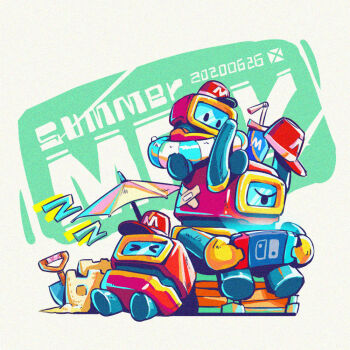 >_< annoyed baseball_cap beach_umbrella black_eyes closed_eyes crossed_bandaids cup dated disposable_cup drink drinking_straw english_text family full_body glowing green_background handheld_game_console hat holding holding_handheld_game_console horns humanoid_robot innertube iwse_zhang leaning_back nintendo_switch no_humans one-eyed original red_hat robot sand_castle sand_sculpture shovel sitting sleeping solid_oval_eyes swim_ring text_background umbrella zzz