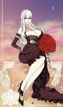 1girl black_dress bouquet breasts cleavage dress earrings elbow_gloves flower gloves high_heels highres jewelry large_breasts lipstick long_hair makeup necklace petals r3dfive red_eyes rose rose_petals selvaria_bles senjou_no_valkyria_(series) silver_hair solo