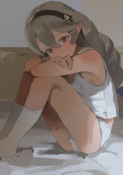 1girl absurdres alternate_hairstyle aziemblemfates black_hairband female_corrin_(fire_emblem) female_corrin_(young_kinship)_(fire_emblem) fire_emblem fire_emblem_fates grey_hair hairband highres indoors loli long_hair nintendo panties pointy_ears red_eyes sitting socks solo tank_top thighs underwear white_panties white_socks white_tank_top