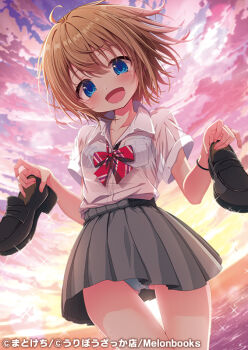 1girl black_shoes blue_bra blue_eyes blue_panties blush bow bra bra_visible_through_clothes breasts brown_hair cloud cloudy_sky collarbone collared_shirt diagonal-striped_bow dress_shirt gluteal_fold grey_skirt hair_between_eyes holding holding_shoes holding_unworn_clothes horns loafers looking_at_viewer matokechi melonbooks ocean official_art original outdoors panties pleated_skirt red_bow school_uniform see-through_clothes see-through_shirt shirt shoes short_sleeves skirt sky small_breasts solo standing striped_bow sunset underwear unworn_shoes water white_shirt