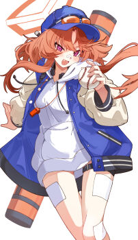Rule 34 | 1girl, amaton707, ball, baseball (object), baseball cap, baseball uniform, blue archive, blue hat, blue jacket, brown jacket, halo, hat, highres, hood, hoodie, jacket, long hair, looking at viewer, multicolored jacket, orange hair, orange halo, purple eyes, rei (blue archive), simple background, solo, sportswear, thigh gap, thighs, two-tone jacket, whistle, whistle around neck, white background, white hoodie