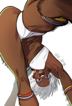 1girl 3_jung armlet ass barefoot bikini blue_eyes breasts calflet capoeira curvy dark-skinned_female dark_skin earrings elena_(street_fighter) flexible handstand highres huge_ass jewelry jumping kicking motion_lines neck_ring one_arm_handstand open_mouth shiny_skin short_hair smile solo speed_lines street_fighter street_fighter_iii_(series) swimsuit underboob upside-down very_dark_skin white_hair wide_hips