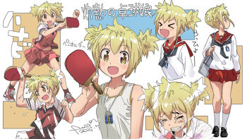 >_< 1girl :d bag black_shoes blonde_hair blush clenched_teeth crying fang fumi-a highres holding loafers long_sleeves looking_at_viewer midriff_peek miniskirt multiple_views omamori open_mouth paddle red_sailor_collar red_skirt sailor_collar school_uniform shakunetsu_no_takkyuu_musume shirt shoes short_twintails shoulder_bag skirt smile socks sweat table_tennis_paddle teeth tenka_hanabi translation_request twintails white_shirt white_socks xd yellow_eyes