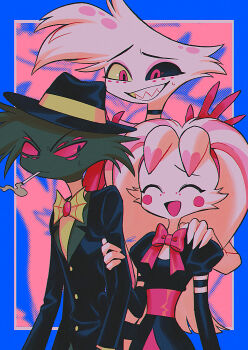 1girl 2boys :d ^_^ absurdres angel_dust arackniss black_choker black_eyes black_fur black_hat black_jacket black_sclera blue_border border bow bowtie brother_and_sister brothers choker chromatic_aberration cigarette circle_facial_mark closed_eyes closed_mouth colored_sclera commentary_request extra_eyes eyeshadow fedora fewer_digits film_grain furry furry_female furry_male gold_buttons grin halftone halftone_background hand_on_another&#039;s_arm hand_on_another&#039;s_shoulder hat hazbin_hotel hellaverse highres horns jacket juliet_sleeves lapels layered_sleeves long_sleeves looking_at_another makeup menma_(enaic31) mismatched_sclera molly_(hazbin_hotel) mouth_hold multiple_boys notched_lapels open_mouth outside_border pink_background pink_bow pink_bowtie pink_eyes pink_eyeshadow pink_fur puffy_sleeves raised_inner_eyebrows red_sclera sharp_teeth shirt siblings signature simple_background skinny smile smoke sweatdrop teeth traditional_bowtie two-tone_fur upper_body v-shaped_eyebrows white_bow white_bowtie white_fur white_shirt yellow_sclera
