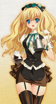 1girl blonde_hair blue_eyes carnelian coffee coffee_pot female_focus garter_straps headdress legs long_hair miniskirt open_mouth original personification ribbon skirt solo starbucks striped_clothes striped_thighhighs teapot thigh_gap thighhighs thighs vertical-striped_clothes vertical-striped_thighhighs waitress zettai_ryouiki