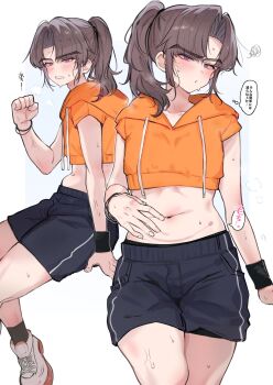 1boy ayase_ayato_(imamiya_pinoko) black_shorts black_socks bracelet brown_hair clenched_hand closed_mouth collarbone crop_top cropped_hoodie foreshortening highres hood hood_down hoodie imamiya_pinoko jewelry male_focus navel orange_hoodie original parted_bangs parted_lips ponytail purple_eyes shoes short_hair short_ponytail shorts sneakers socks solo speech_bubble sweat thick_eyebrows thought_bubble translation_request trap white_shoes