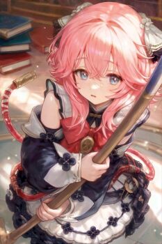 Rule 34 | 1girl, alf (silver palace), bare shoulders, bibimbub, black skirt, black sleeves, blue eyes, book, book stack, bow, bowtie, broom, cable, cable tail, detached sleeves, from above, hair ornament, highres, holding, holding broom, indoors, long sleeves, looking at viewer, mechanical tail, parted lips, pink hair, puffy long sleeves, puffy sleeves, red bow, red bowtie, shirt, short hair, silver palace, skirt, solo, tail, upper body, white shirt