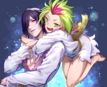 1boy 1girl 2020 :d arms_around_neck bare_legs black_hair bleach bleach:_fade_to_black blue_background brother_and_sister commentary_request dress eyelashes feet forehead full_body green_eyes green_hair hair_over_one_eye hair_slicked_back hand_on_another's_arm homura_(bleach) legs_up long_bangs long_sleeves looking_at_viewer medium_hair multicolored_hair nose one_eye_covered open_mouth parted_bangs pink_hair purple_eyes shizuku_(bleach) short_dress short_hair siblings simple_background smile soraao0322 spiked_hair teeth thighs tsurime two-tone_hair upper_body v-shaped_eyebrows white_dress