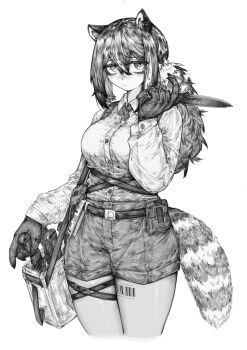 1girl absurdres animal_ears animal_hands arknights bags_under_eyes barcode black_cross_tie breasts collared_shirt commentary_request cross_tie freckles hair_between_eyes highres holding holding_knife knife large_breasts long_hair looking_at_viewer ponytail raccoon_ears raccoon_girl robin_(arknights) shirt shorts simple_background solo xingyun_mantle
