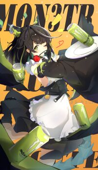 1girl absurdres ahoge alternate_costume apron arknights bare_shoulders black_hair black_skirt black_sleeves blush can chinese_commentary commentary_request detached_sleeves drink drink_can enmaided flower frilled_apron frills green_eyes green_hair heart highres holding holding_plate huge_ahoge looking_at_viewer maid maid_apron mon3tr_(arknights) monster_energy mouth_hold multicolored_hair one_eye_closed orange_background plate product_placement pun red_flower red_rose rose skirt solo streaked_hair white_apron zi_luo_(zilos)