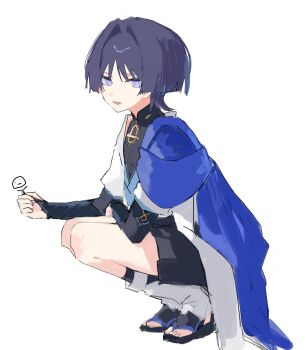 1boy 624_itumo arm_on_thigh armor black_bodysuit black_bridal_gauntlets black_hair black_sandals black_shorts blue_kimono blue_sleeves blunt_ends bodysuit bridal_gauntlets bridal_legwear bright_pupils clenched_hand eyeliner eyeshadow full_body furisode genshin_impact hair_intakes highres holding japanese_armor japanese_clothes juban kimono kote kurokote layered_sleeves leg_warmers looking_at_viewer makeup male_focus mandarin_collar open_clothes open_kimono open_mouth purple_eyes red_eyeliner red_eyeshadow sandals scaramouche_(genshin_impact) short_sleeves shorts shoulder_peek sketch solo squatting stirrup_legwear toeless_legwear toes tsurime wanderer_(genshin_impact) white_background white_kimono white_leg_warmers white_pupils white_sleeves wispy_bangs zouri