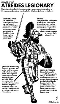 1boy absurdres armor caption cloak dune_(series) english_text greyscale gun helmet highres holding holding_gun holding_sword holding_weapon house_atreides male_focus monochrome rifleinfantry science_fiction shield solo sword weapon